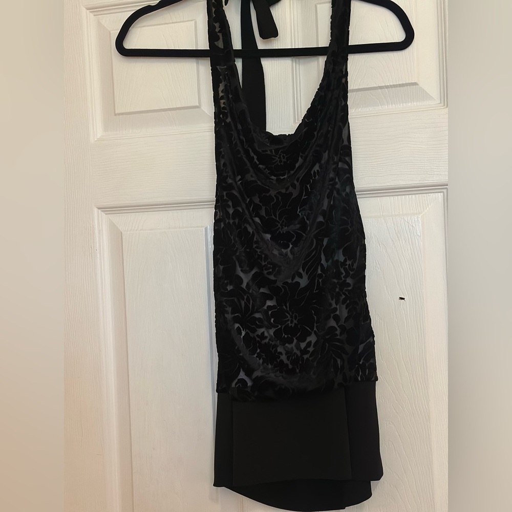 Y2K White House Black Market Halter Velvet Floral Embossed Black Tank Top Party